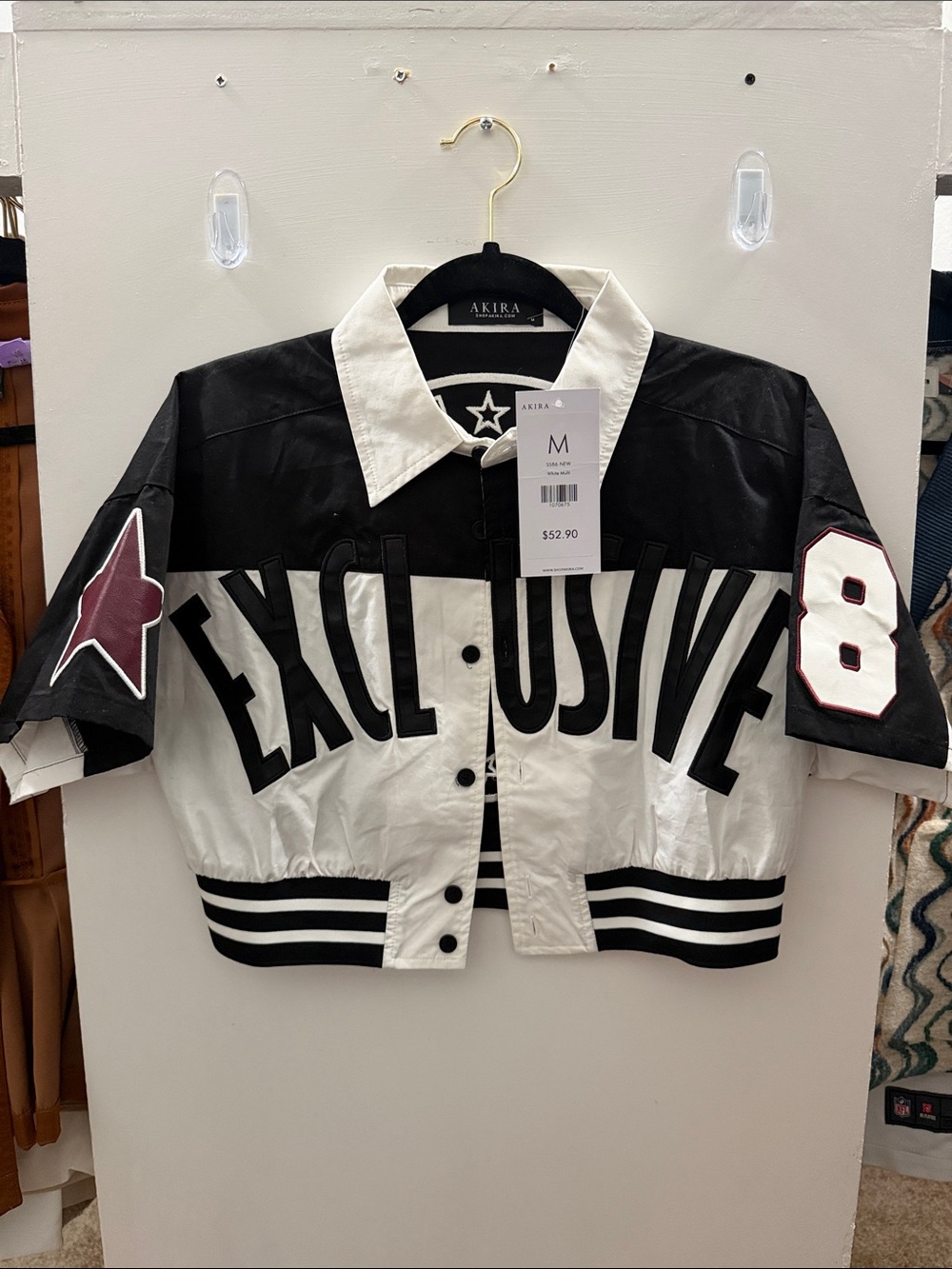 AKIRA Black & White Cropped 'EXCLUSIVE' Varsity Jacket with Maroon Star